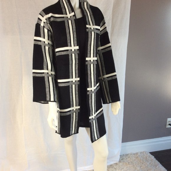 Black and white winter plaid stripe sweater coat - Picture 2 of 3